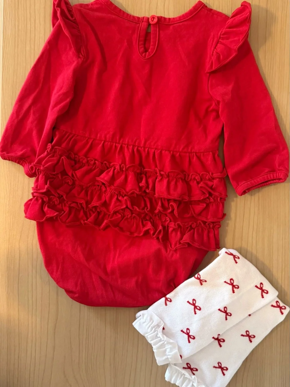 Ruffle Butts Red Ruffled Long-Sleeve Romper with White Bow Leg Warmers